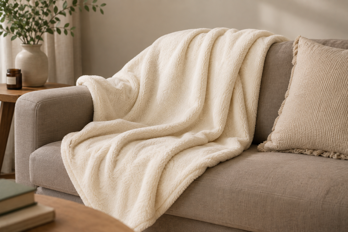 Kuscheldecke in Creme auf einem Sofa