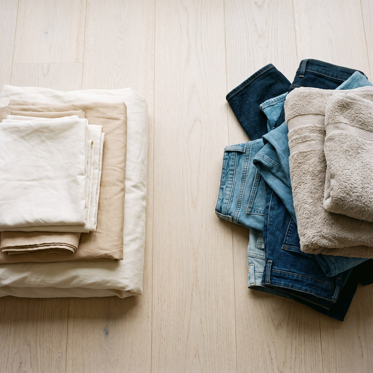 Zwei getrennte Wäschestapel: helle Lyocell-Bettwäsche links, Jeans und Handtücher rechts