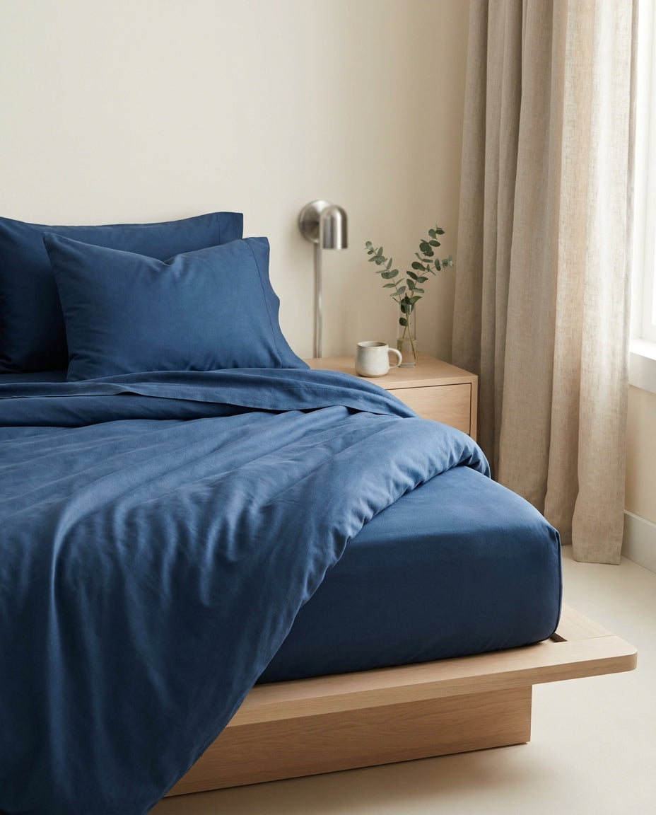 Deep Blue Lyocell bedding in a calm morning bedroom
