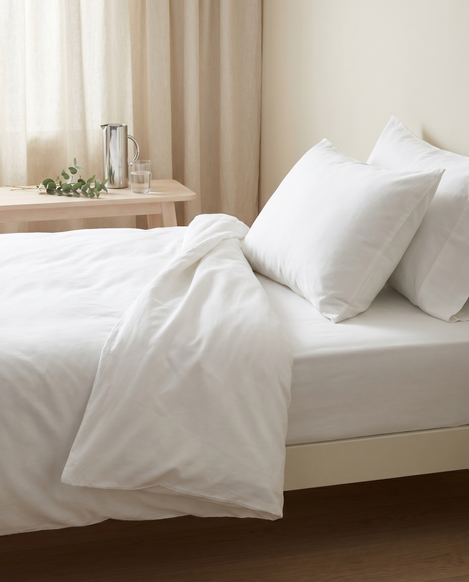 Fresh white Lyocell bed with a brushed-chrome water carafe nearby