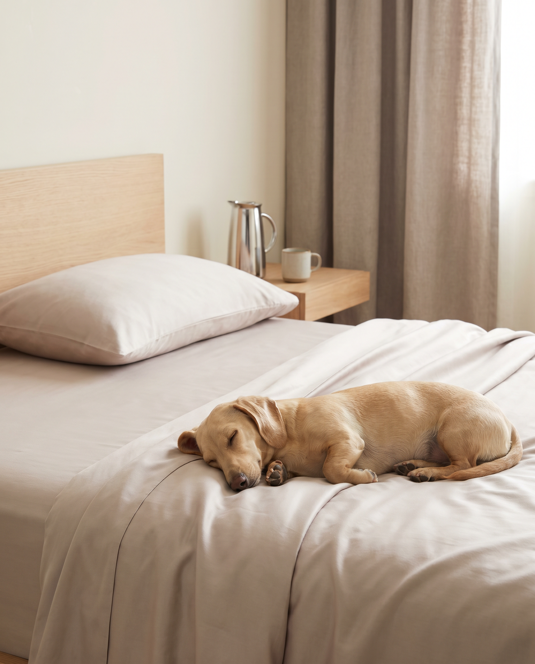 A small dachshund sleeping on a pale taupe Lyocell duvet